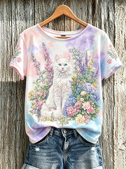 T-shirt décontracté à manches courtes pour femme, imprimé d’un mignon motif de chat et de fleurs