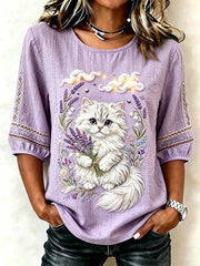 T-shirt romantique pour femme à imprimé motif chat