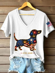 T-shirt décontracté à col en V pour femmes, motif feux d’artifice et chiens, cadeau idéal pour les amoureux des chiens