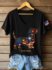 T-shirt décontracté à col en V pour femmes, motif feux d’artifice et chiens, cadeau idéal pour les amoureux des chiens