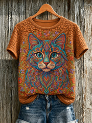 T-shirt mignon à manches courtes imprimé Art de chat pour femmes