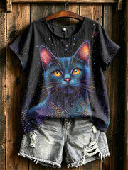 T-shirt à imprimé chat et ciel étoilé pour femme