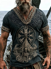 T-shirt rétro pour homme en coton et lin, à imprimé crâne de viking et de pirate
