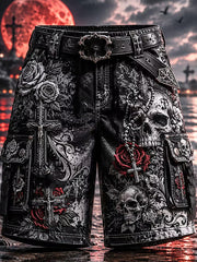 Hommes Gothique Crâne Rouge Rose Croix Art Imprimer Shorts Décontractés