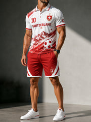 Ensemble polo à manches courtes et short pour homme, avec imprimé sur le thème du football