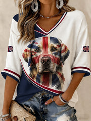 T-shirt femme britannique en labrador, imprimé, manches mi-longues, col en V