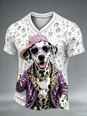 T-shirt à col en V avec motif imprimé chien orné de cristaux pour hommes
