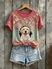 T-shirt à manches courtes Mignon Floral Golden Retriever Femme
