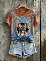 Lovely Floral French Bulldog Art Print T-shirt à manches courtes pour femmes
