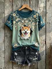 T-shirt à manches courtes à imprimé floral Shiba Inu Femme