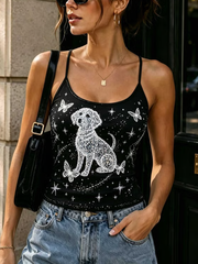 Femmes Cristal embelli de chien conception d'impression bretelles Spaghetti