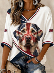 T-shirt col en V à manches mi-longues imprimé British Labrador pour femmes