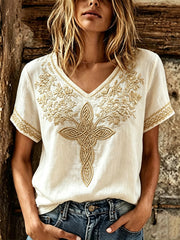 Retro Viking Plant Flower pattern T-shirt en coton et lin imprimé à col en V pour femme