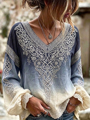 Chemise Femme Vintage Viking Celtique Imprimé Gradient Coton-Lin