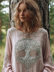Chemise vintage pour femme en coton-lin, motif viking arbre de vie et nœud celtique