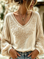 Chemise décontractée imprimée en coton et lin à motif de fleurs végétales Viking pour femme