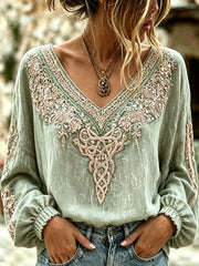 Chemise décontractée en coton et lin pour femme, à motif floral viking imprimé