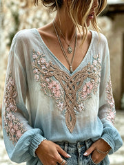 Chemise rétro pour femme en coton-lin, ornée d’un imprimé viking à motifs floraux