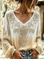 Chemise rétro pour femme en coton-lin, ornée d’un imprimé viking à motifs floraux