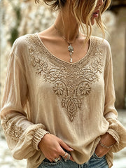 Chemise rétro pour femme en coton-lin, ornée d’un imprimé viking à motifs floraux