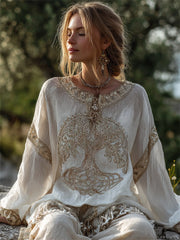 Chemise en coton et en lin à imprimé noeud celtique Vintage Viking Tree of Life pour femme