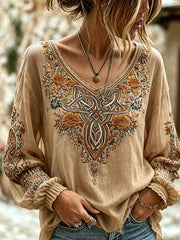 Chemise rétro pour femme en coton-lin, ornée d’un imprimé viking à motifs floraux