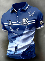 Polo de sport décontracté à rayures bretonnes bleues pour homme