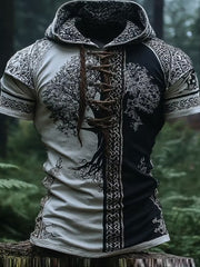 Sweat à capuche décontracté au motif d’art populaire nordique inspiré des Vikings, style vintage