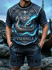 Ensemble décontracté à manches courtes pour homme, imprimé viking rétro