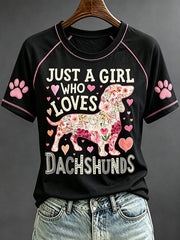 Femme Juste une fille qui aime teckel Floral chien Art Print T-shirt à manches courtes
