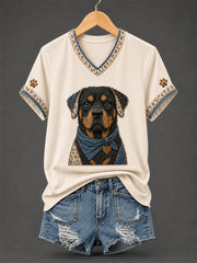 T-shirt rétro à col en V, patchwork et imprimé chien pour femme