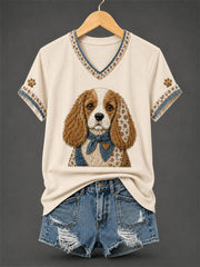 T-shirt rétro à col en V, patchwork et imprimé chien pour femme