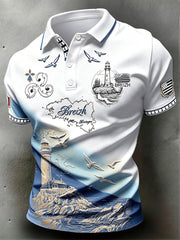 Polo décontracté pour homme, imprimé dégradé représentant un phare breton vintage