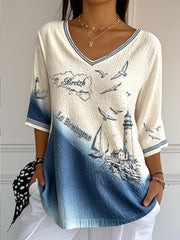 T-shirt femme léger en coton et lin, col V, imprimé dégradé, style breton français décontracté