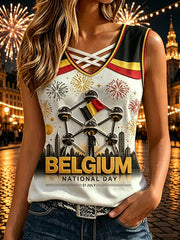 Débardeur sans manches rétro pour femmes, imprimé aux couleurs de la Belgique, idéal pour la fête nationale