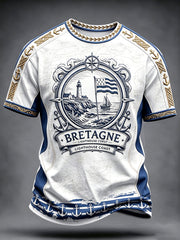 T-shirt décontracté pour homme, blanc, de style breton, avec imprimé patchwork représentant un phare