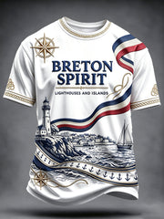 T-shirt décontracté pour homme à imprimé culturel représentant le phare de Bretagne au drapeau français blanc