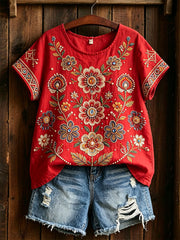 Chemise en coton et lin à motif floral traditionnel pour femme