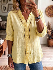 Volants Trim Placket Creux Dentelle Bordée Confortable Chemisier Femme