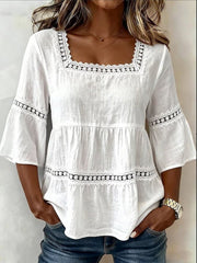 Top à manches courtes en patchwork appliqué en dentelle de coton-lin à col carré pour femme