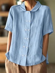 Chemise en lin à manches courtes à boutons croisé vintage pour femmes