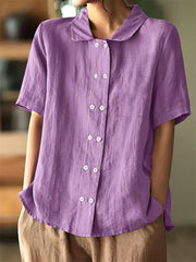 Chemise en lin à manches courtes à boutons croisé vintage pour femmes
