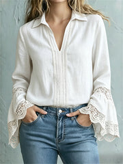 Chemise Femme Vintage Boho Dentelle Manches évasées En Coton-Lin