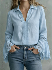 Chemise Femme Vintage Boho Dentelle Manches évasées En Coton-Lin