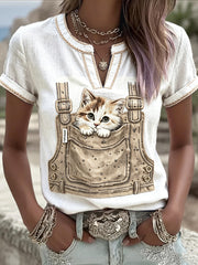 T-shirt décontracté d'été en coton et lin à imprimé chat mignon pour femme