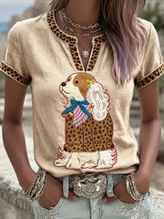 Mignon imprimé léopard chien-à motifs d'été décontracté coton-lin T-Shirt des femmes
