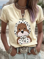 T-shirt décontracté en coton-lin imprimé mignon pour femmes