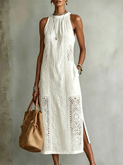 Robe longue en lin sans manches, fente latérale, imprimé artistique et patchwork de dentelle, style bohème pour femme
