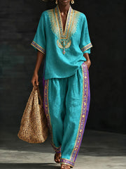 Ensemble en coton et lin d’art africain pour femmes