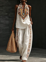 Ensemble de lin en coton à motif géométrique traditionnel pour femmes